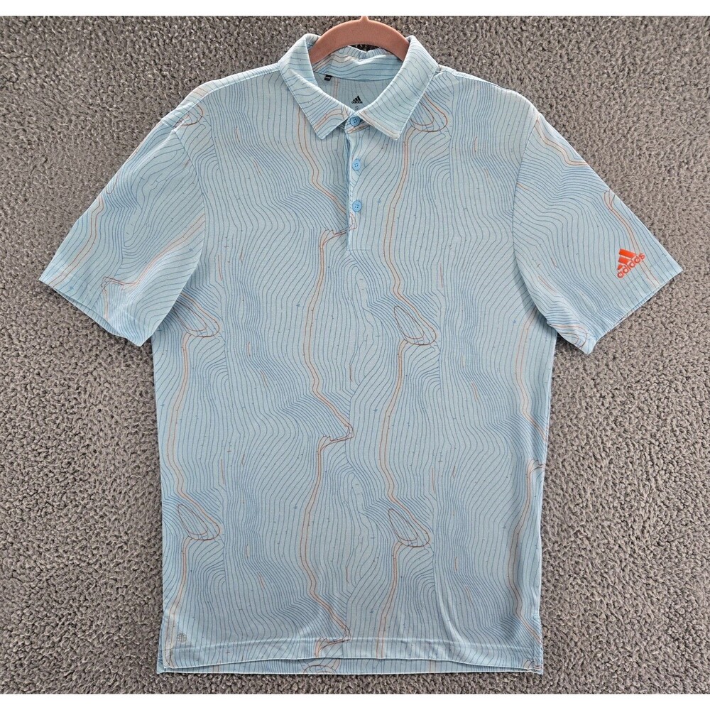 Adidas Golf Shirt Mens Small Polo Blue Course Map Design Short Sleeve